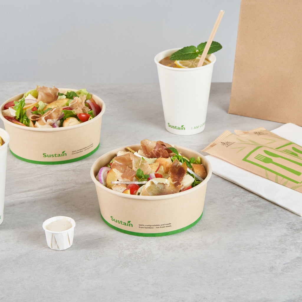 Sustain 25 oz Round Bamboo Paper Salad Container - with PLA Lining, Compostable - 6" x 6" x 2 1/2" - 200 count box