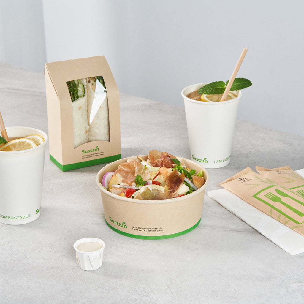 Sustain 25 oz Round Bamboo Paper Salad Container - with PLA Lining, Compostable - 6" x 6" x 2 1/2" - 200 count box