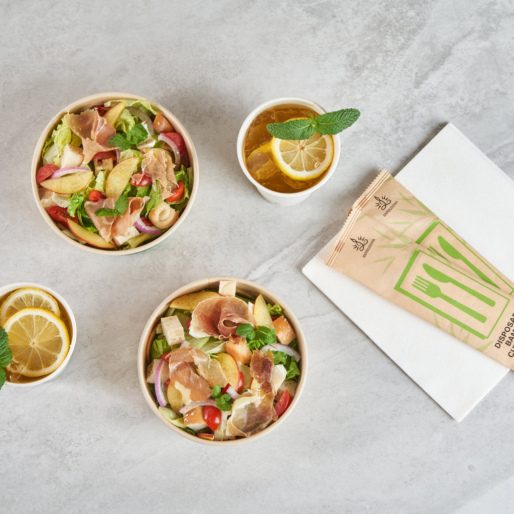 Sustain 25 oz Round Bamboo Paper Salad Container - with PLA Lining, Compostable - 6" x 6" x 2 1/2" - 200 count box