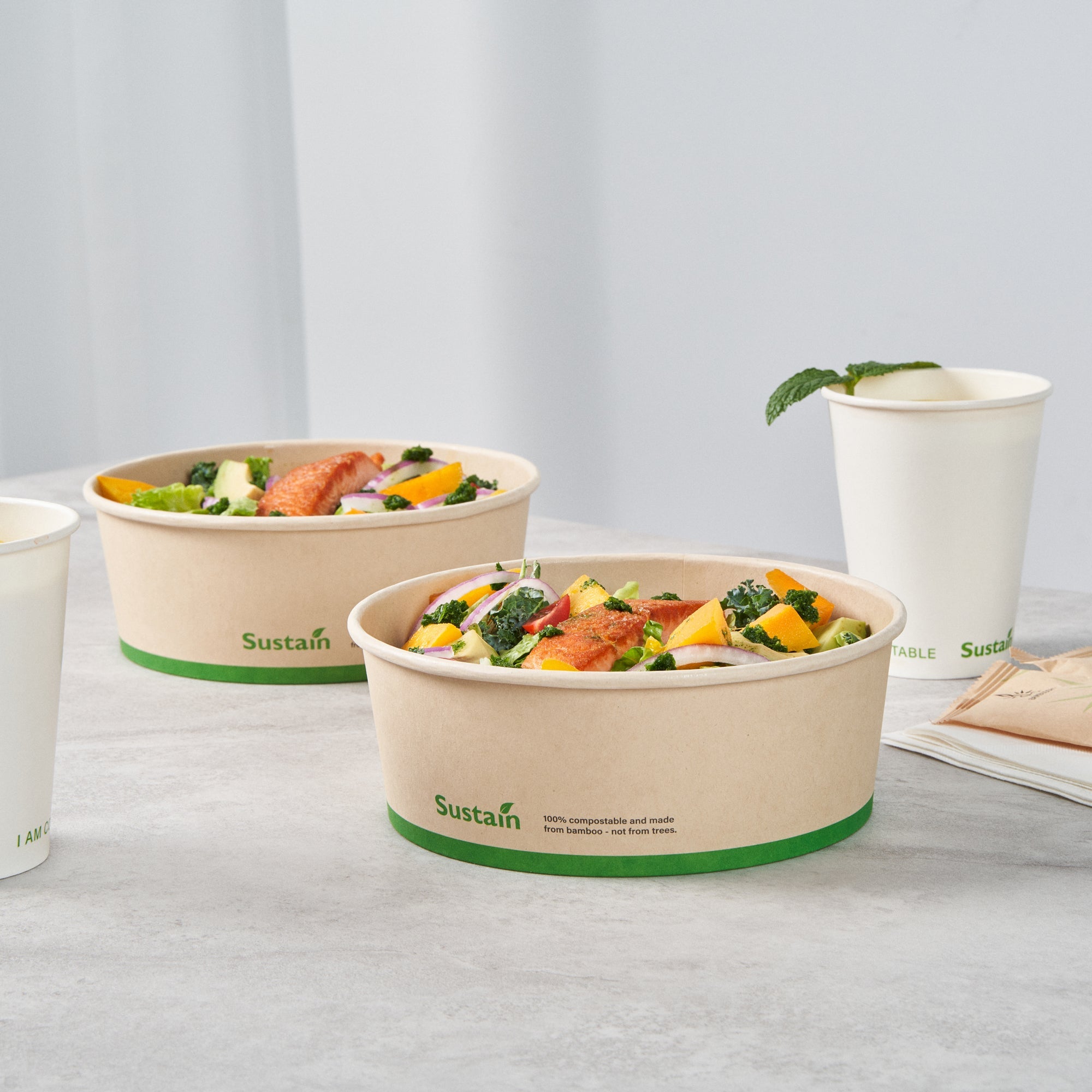 Sustain 44 oz Round Bamboo Paper Salad Container - with PLA Lining, Compostable - 7 1/4" x 7 1/4" x 2 1/2" - 200 count box