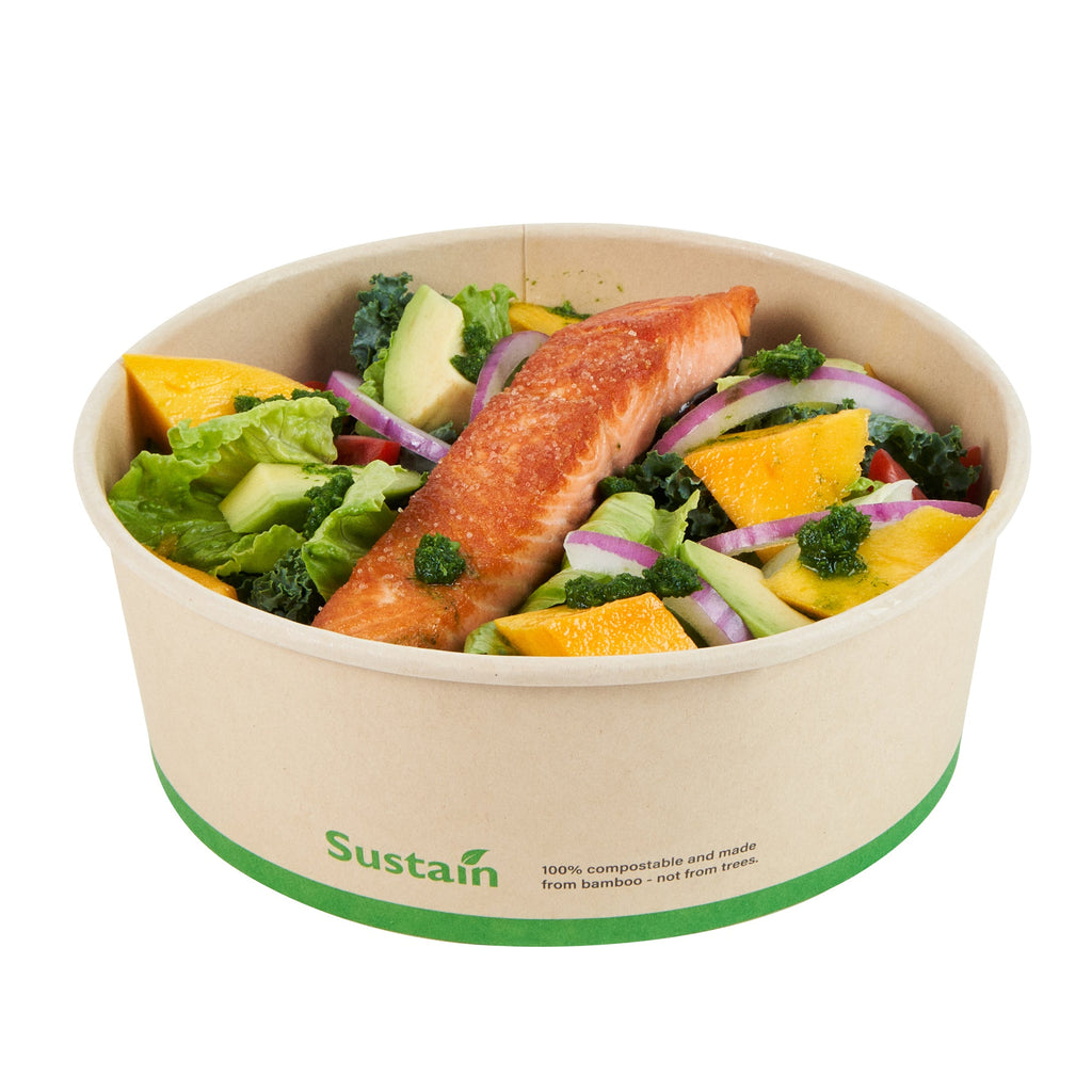 Sustain 44 oz Round Bamboo Paper Salad Container - with PLA Lining, Compostable - 7 1/4" x 7 1/4" x 2 1/2" - 50 count box