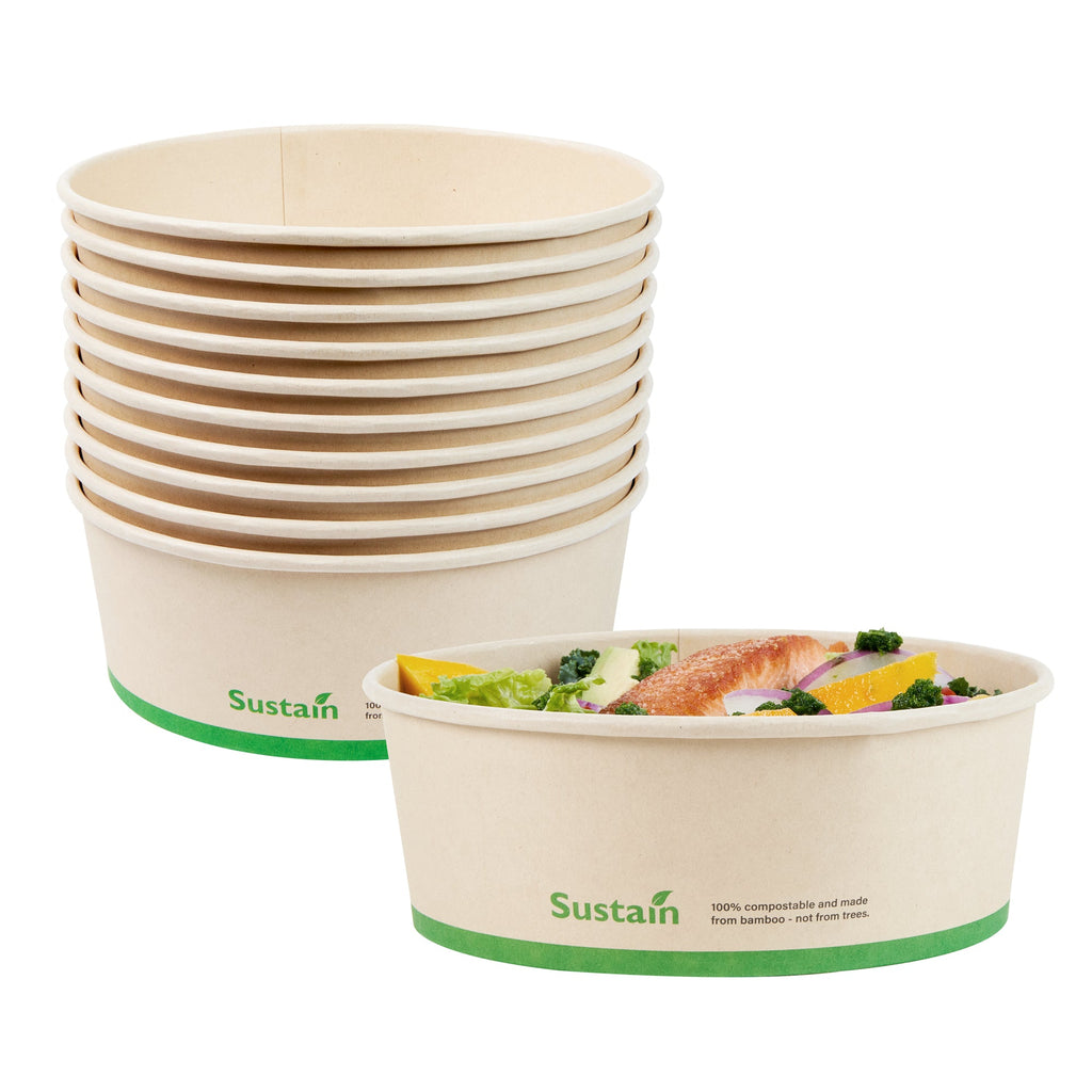 Sustain 44 oz Round Bamboo Paper Salad Container - with PLA Lining, Compostable - 7 1/4" x 7 1/4" x 2 1/2" - 50 count box