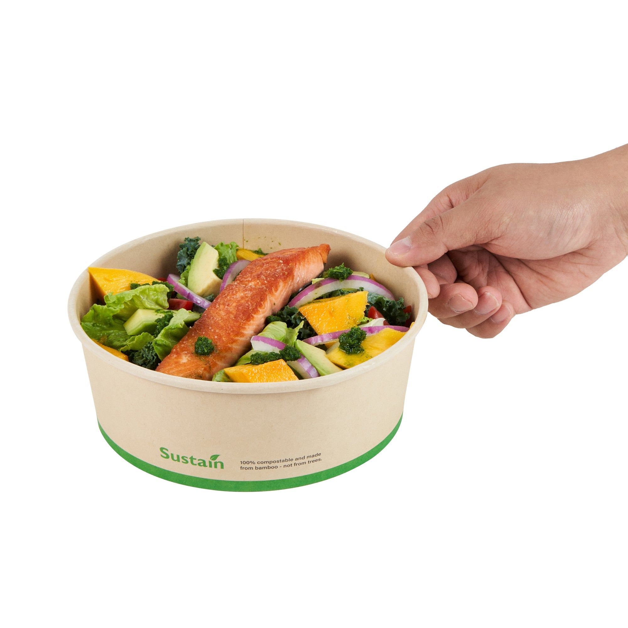 Sustain 44 oz Round Bamboo Paper Salad Container - with PLA Lining, Compostable - 7 1/4" x 7 1/4" x 2 1/2" - 50 count box