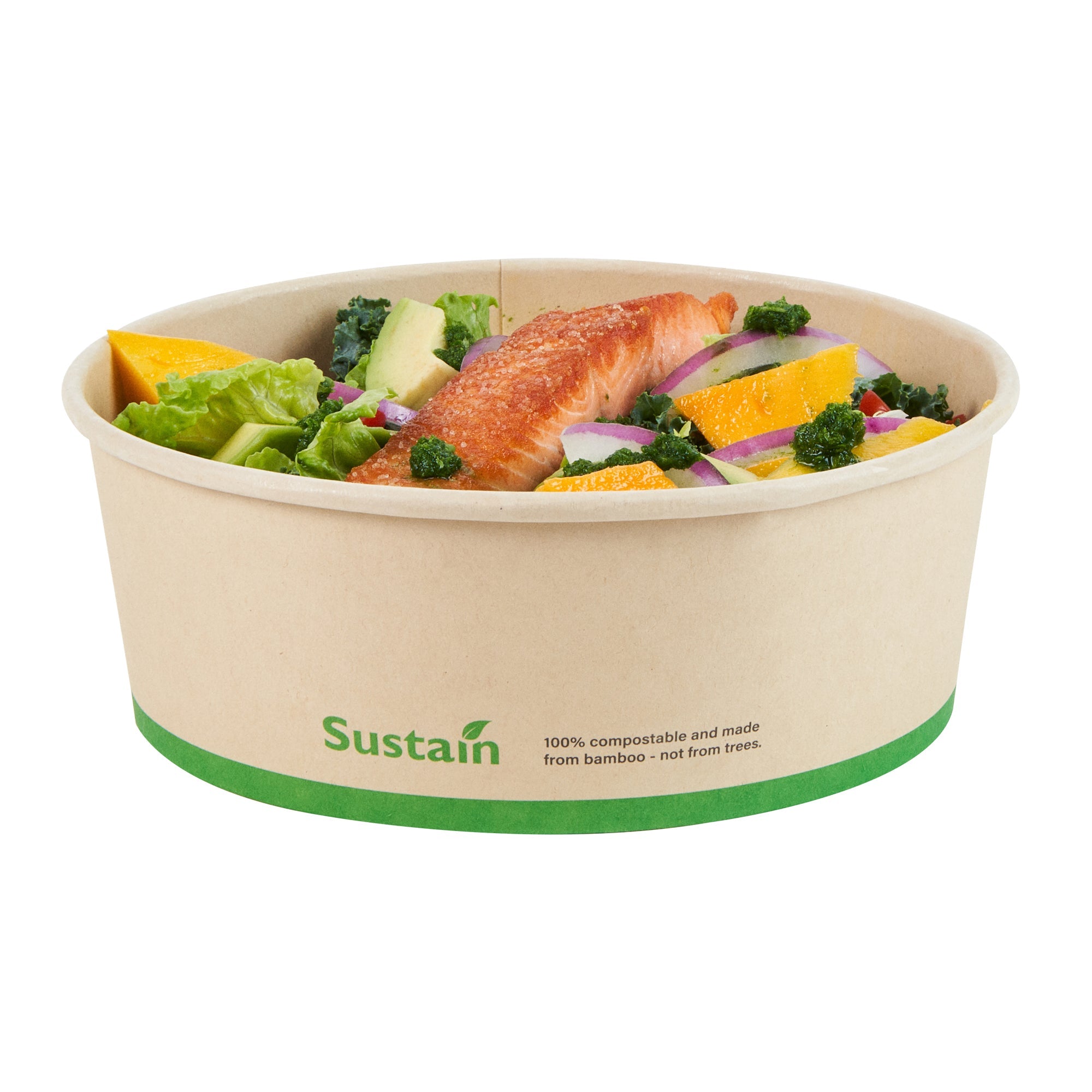 Sustain 44 oz Round Bamboo Paper Salad Container - with PLA Lining, Compostable - 7 1/4" x 7 1/4" x 2 1/2" - 50 count box