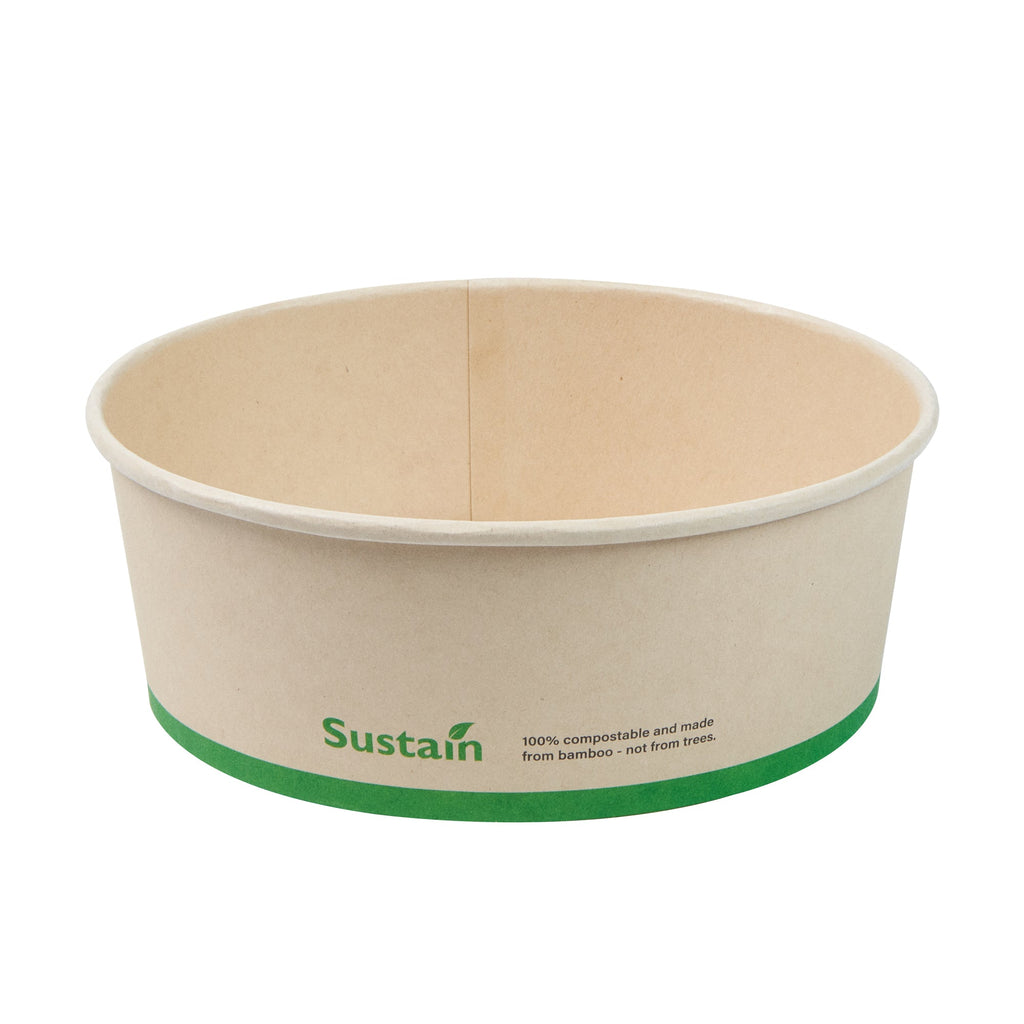Sustain 44 oz Round Bamboo Paper Salad Container - with PLA Lining, Compostable - 7 1/4" x 7 1/4" x 2 1/2" - 50 count box