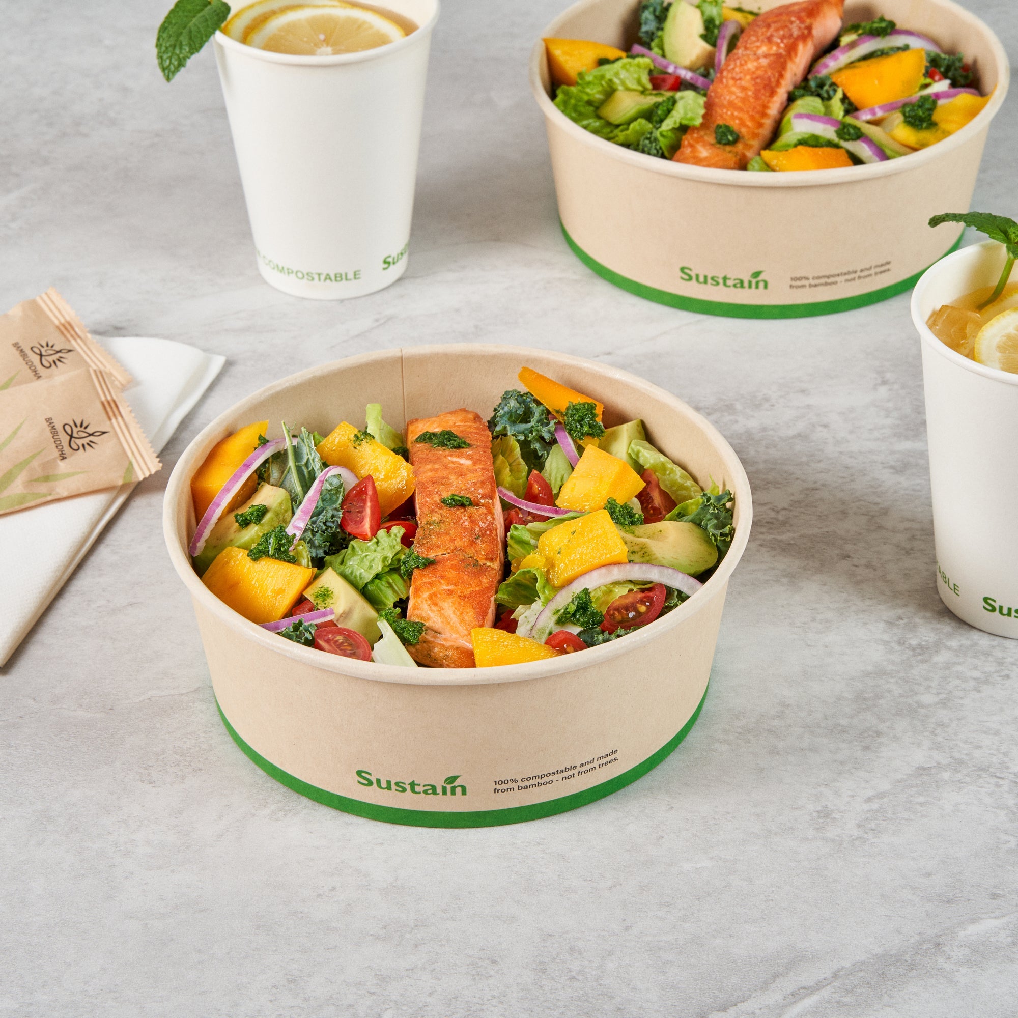 Sustain 44 oz Round Bamboo Paper Salad Container - with PLA Lining, Compostable - 7 1/4" x 7 1/4" x 2 1/2" - 50 count box