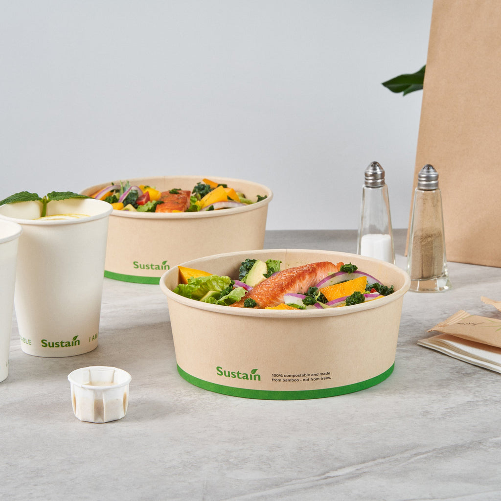 Sustain 44 oz Round Bamboo Paper Salad Container - with PLA Lining, Compostable - 7 1/4" x 7 1/4" x 2 1/2" - 50 count box
