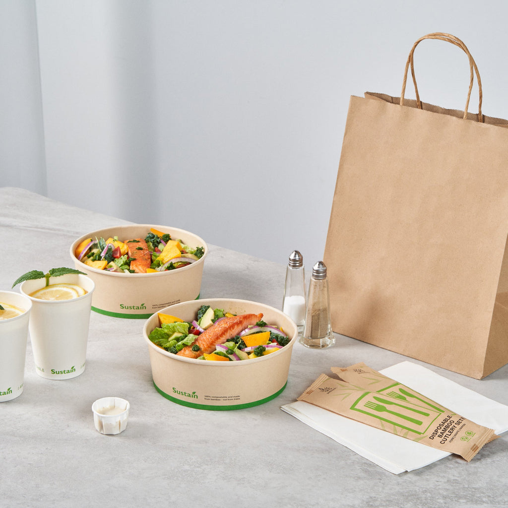 Sustain 44 oz Round Bamboo Paper Salad Container - with PLA Lining, Compostable - 7 1/4" x 7 1/4" x 2 1/2" - 50 count box