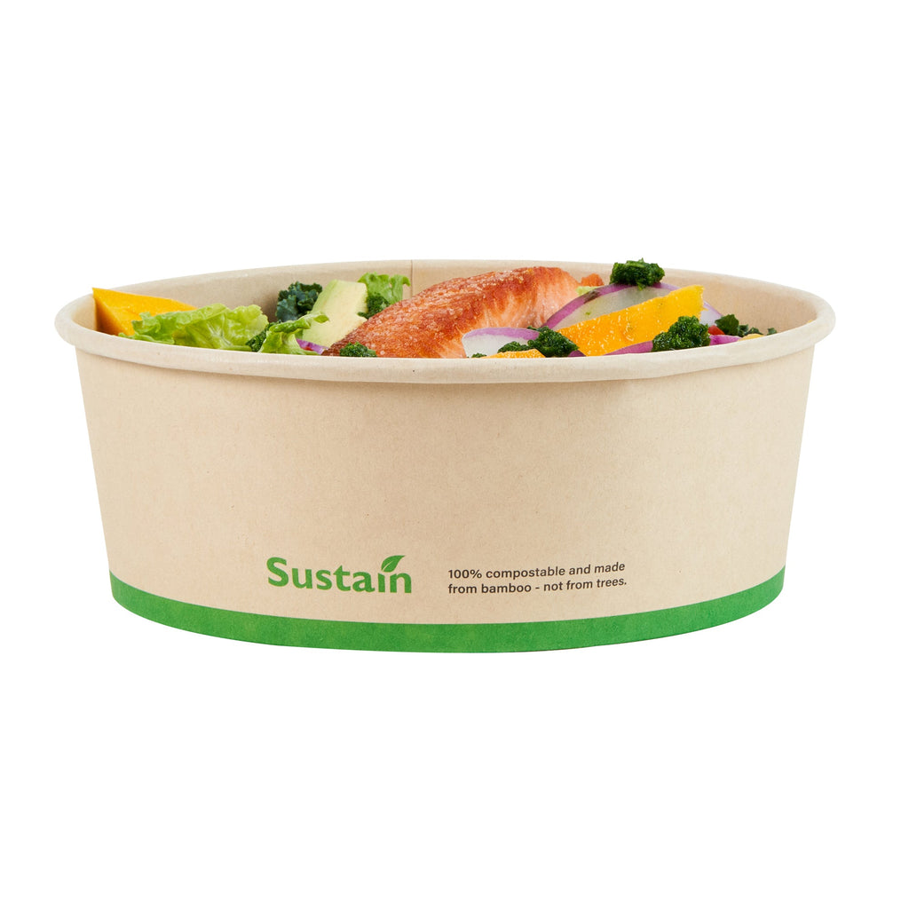 Sustain 44 oz Round Bamboo Paper Salad Container - with PLA Lining, Compostable - 7 1/4" x 7 1/4" x 2 1/2" - 200 count box