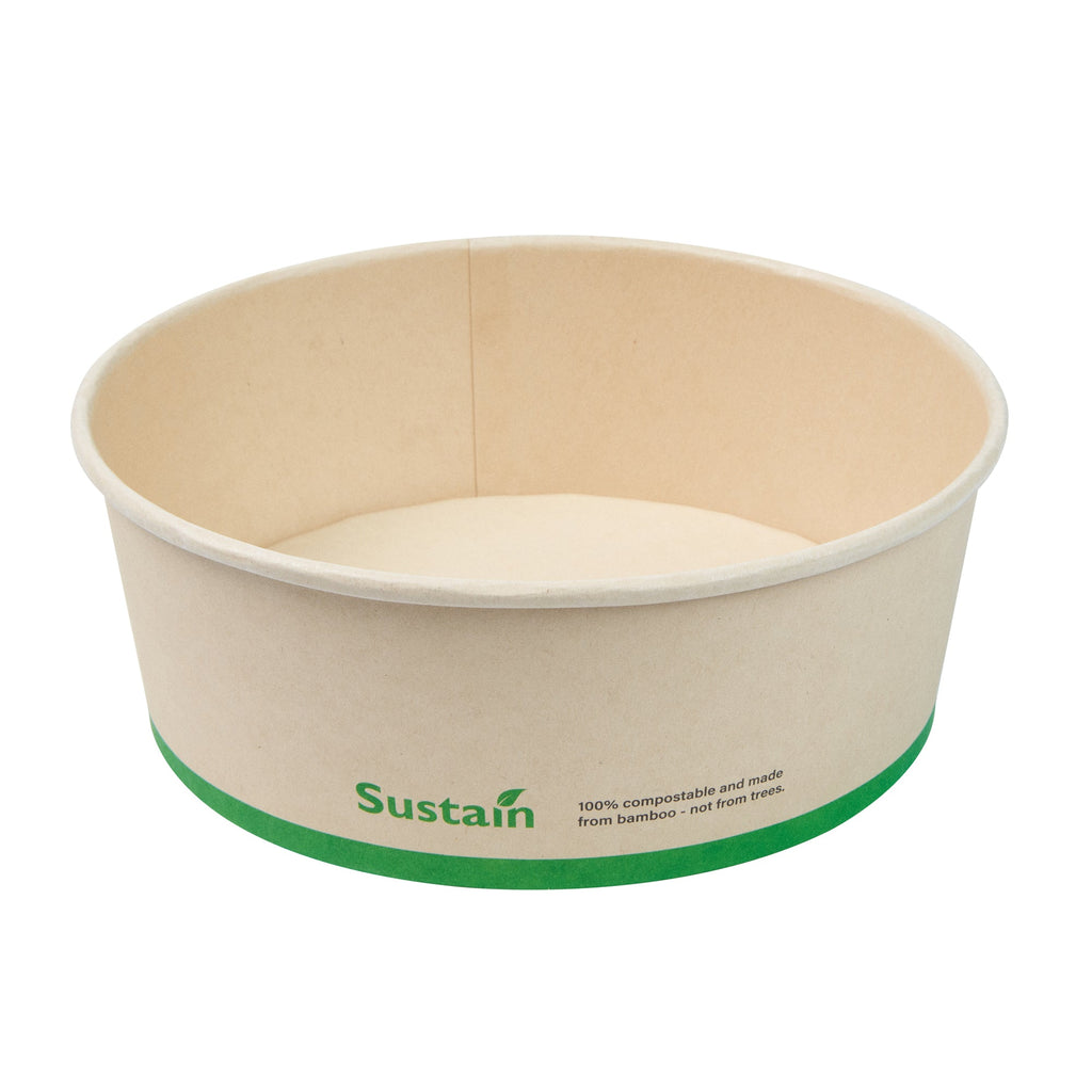Sustain 44 oz Round Bamboo Paper Salad Container - with PLA Lining, Compostable - 7 1/4" x 7 1/4" x 2 1/2" - 200 count box