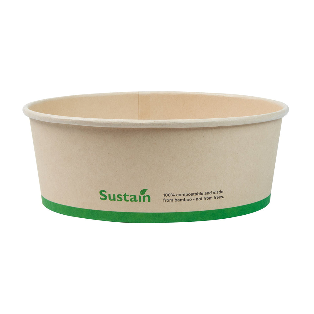 Sustain 44 oz Round Bamboo Paper Salad Container - with PLA Lining, Compostable - 7 1/4" x 7 1/4" x 2 1/2" - 200 count box
