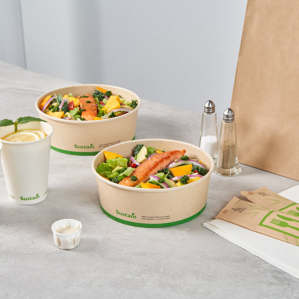 Sustain 44 oz Round Bamboo Paper Salad Container - with PLA Lining, Compostable - 7 1/4" x 7 1/4" x 2 1/2" - 200 count box
