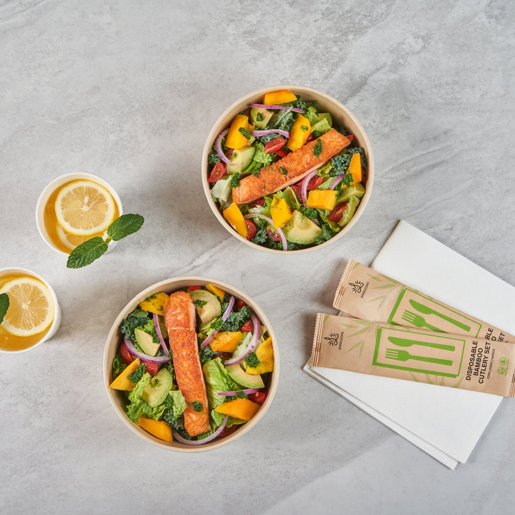 Sustain 44 oz Round Bamboo Paper Salad Container - with PLA Lining, Compostable - 7 1/4" x 7 1/4" x 2 1/2" - 200 count box