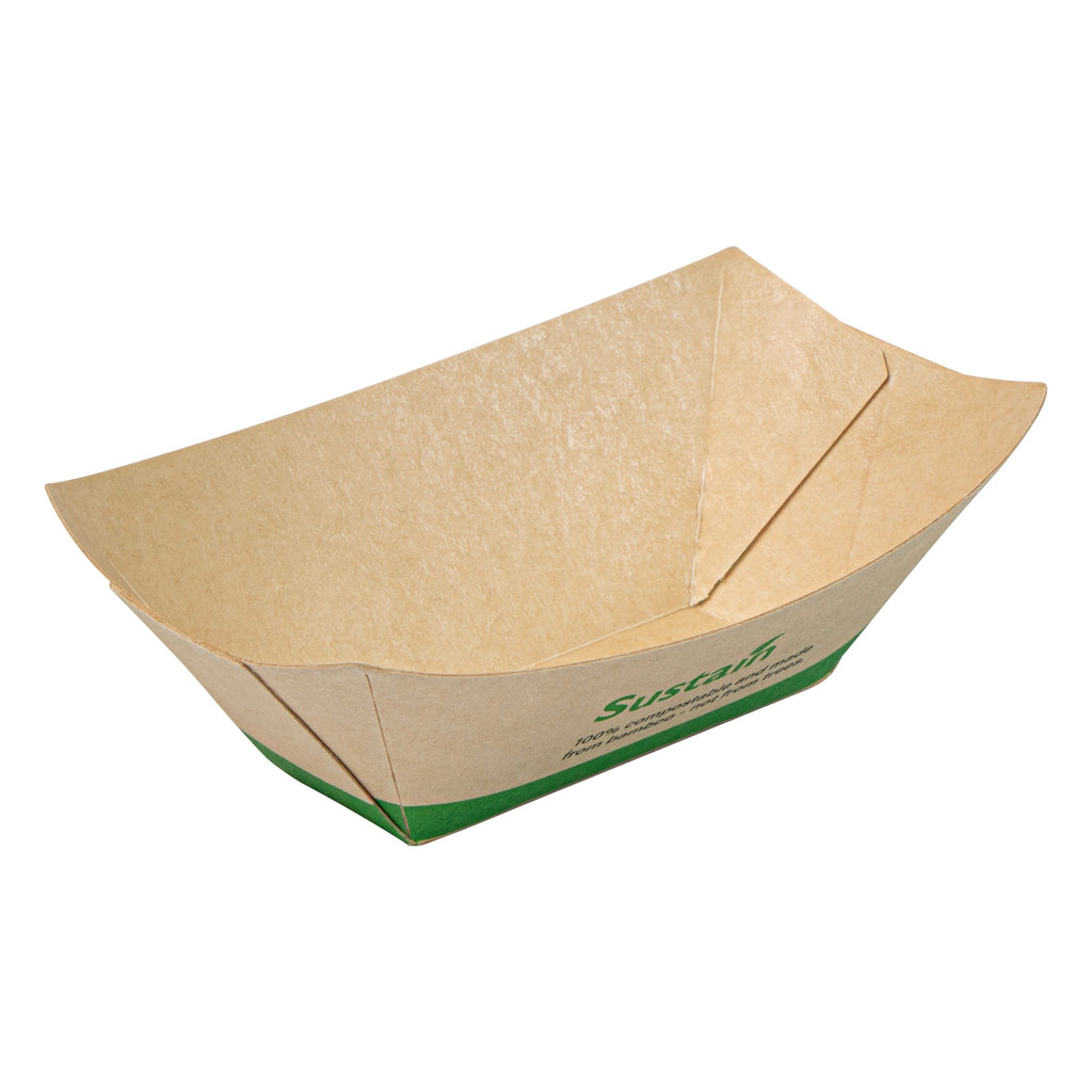 Sustain 2 oz Bamboo Paper Food Tray / Boat - with PLA Lining, Compostable - 2" x 3/4" x 1 1/4" - 50 count box