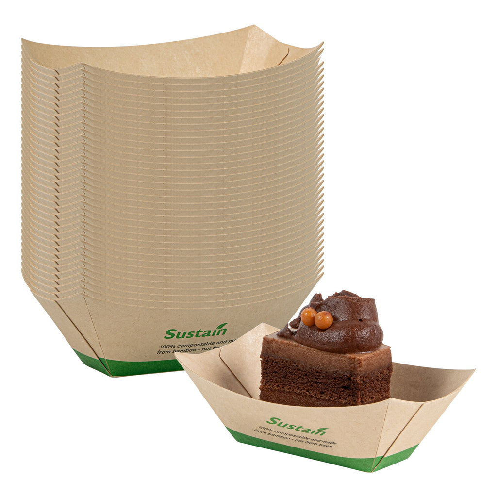 Sustain 2 oz Bamboo Paper Food Tray / Boat - with PLA Lining, Compostable - 2" x 3/4" x 1 1/4" - 50 count box