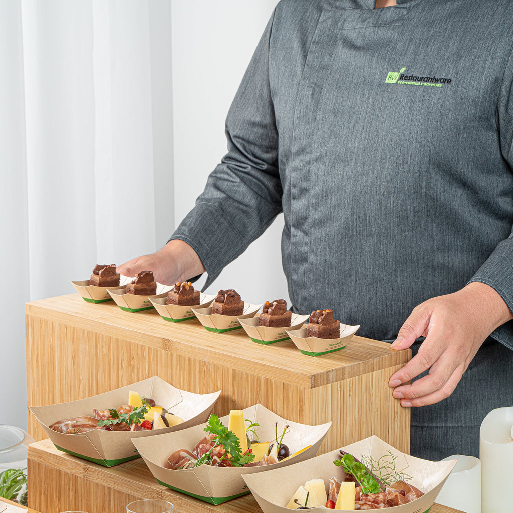 Sustain 2 oz Bamboo Paper Food Tray / Boat - with PLA Lining, Compostable - 2" x 3/4" x 1 1/4" - 400 count box