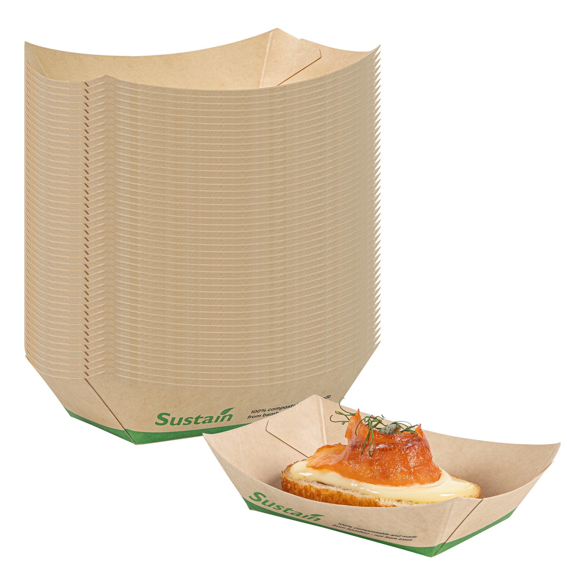 Sustain 4 oz Bamboo Paper # 25 Food Tray / Boat - with PLA Lining, Compostable - 3" x 2" x 1" - 50 count box