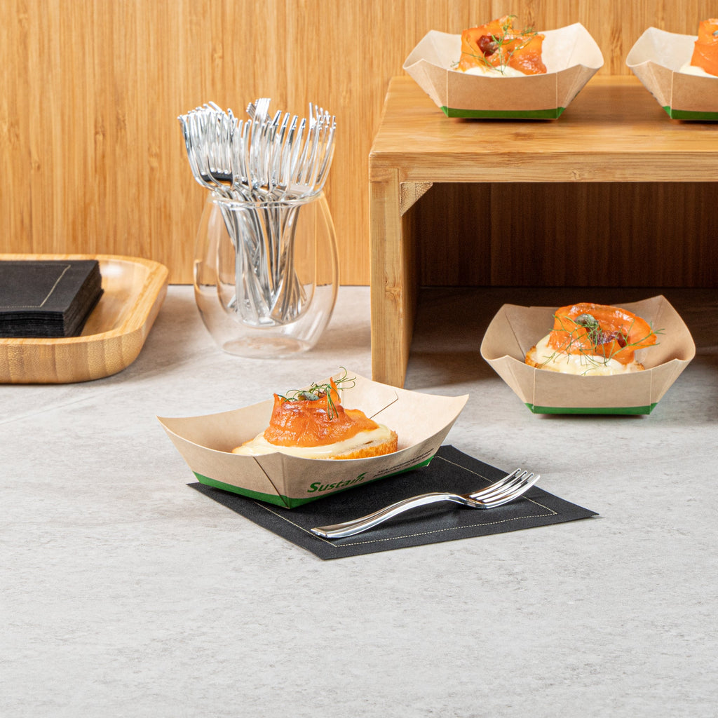 Sustain 4 oz Bamboo Paper # 25 Food Tray / Boat - with PLA Lining, Compostable - 3" x 2" x 1" - 50 count box