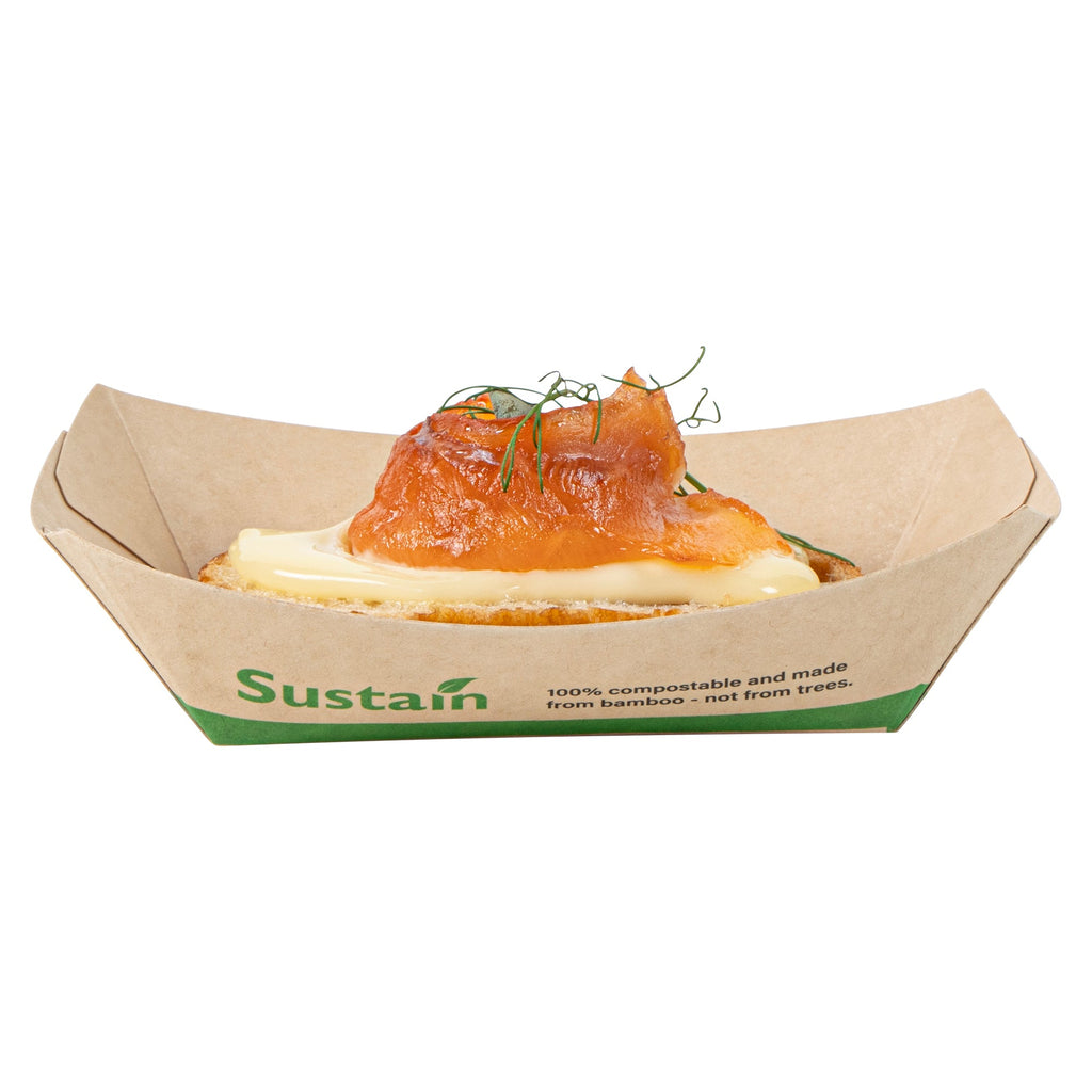 Sustain 4 oz Bamboo Paper # 25 Food Tray / Boat - with PLA Lining, Compostable - 3" x 2" x 1" - 400 count box