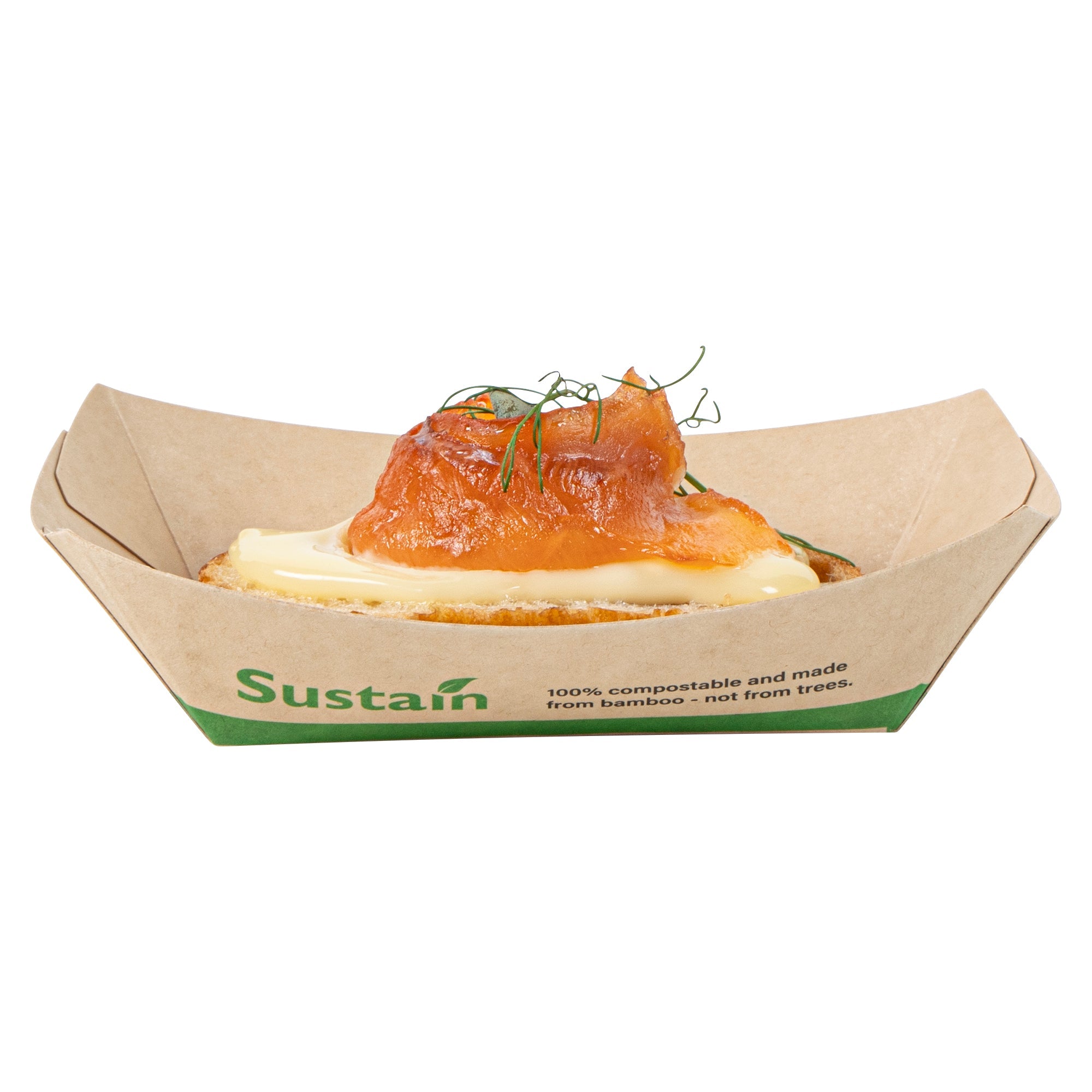 Sustain 4 oz Bamboo Paper # 25 Food Tray / Boat - with PLA Lining, Compostable - 3" x 2" x 1" - 400 count box