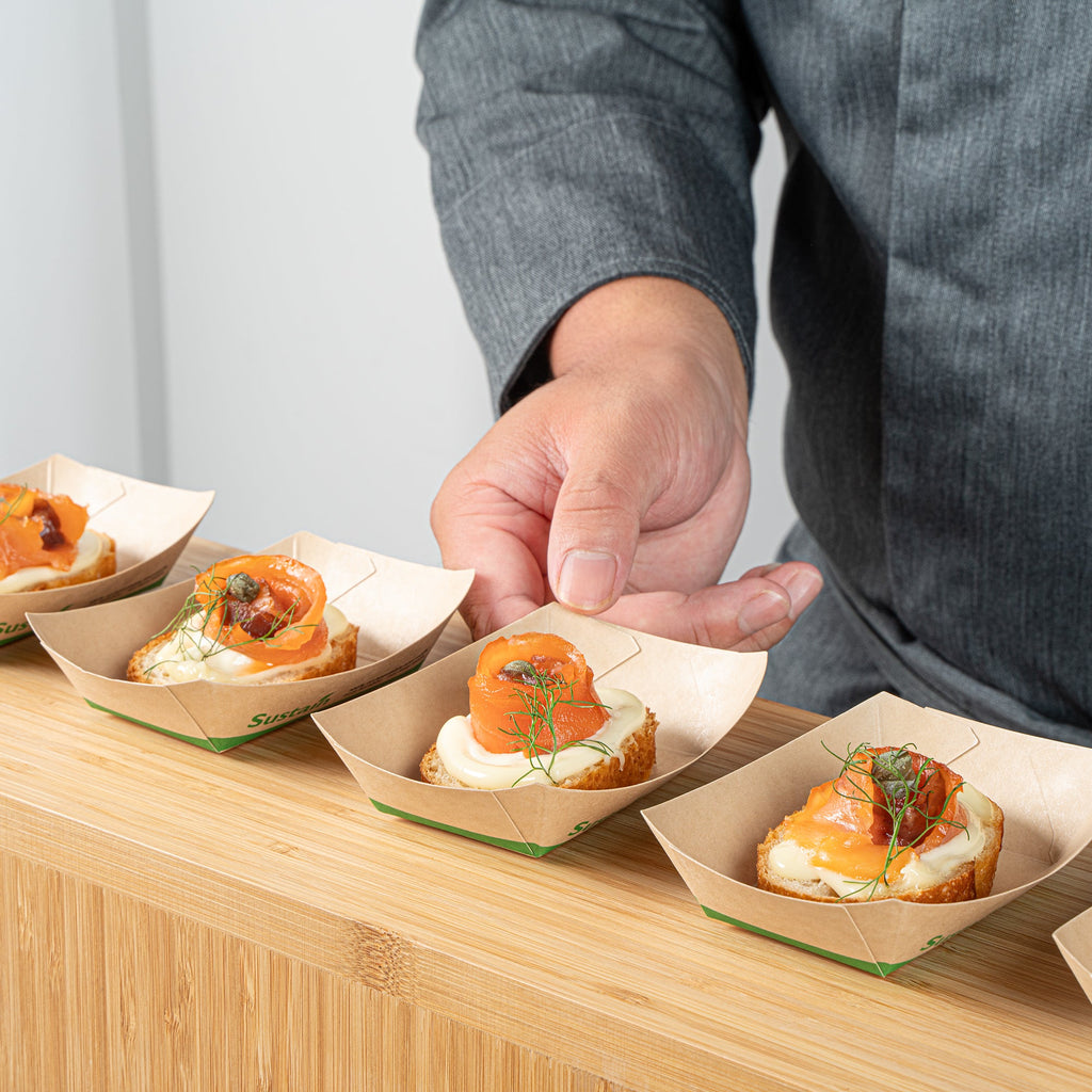 Sustain 4 oz Bamboo Paper # 25 Food Tray / Boat - with PLA Lining, Compostable - 3" x 2" x 1" - 400 count box