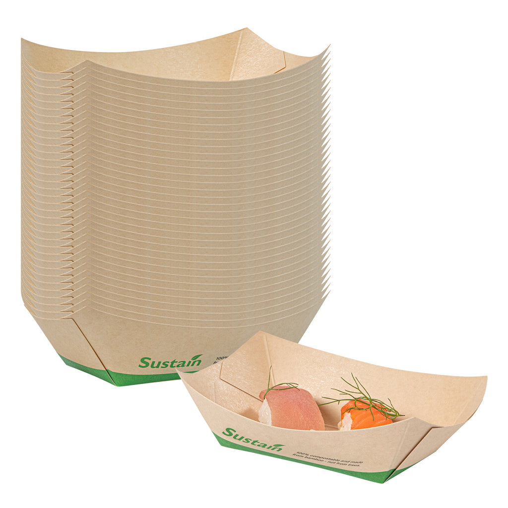 Sustain 6 oz Bamboo Paper #40 Food Tray / Boat - with PLA Lining, Compostable - 3 1/4" x 2" x 1 1/2" - 400 count box