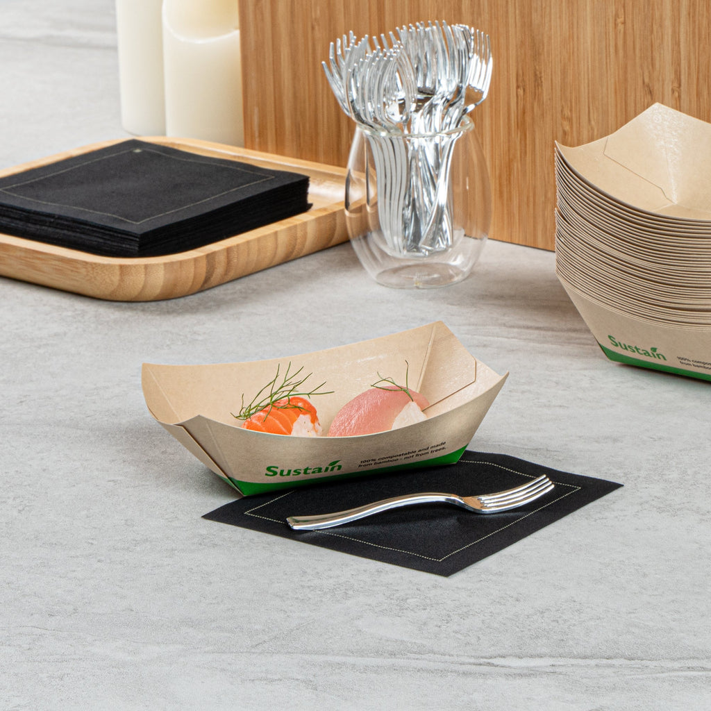 Sustain 6 oz Bamboo Paper #40 Food Tray / Boat - with PLA Lining, Compostable - 3 1/4" x 2" x 1 1/2" - 50 count box
