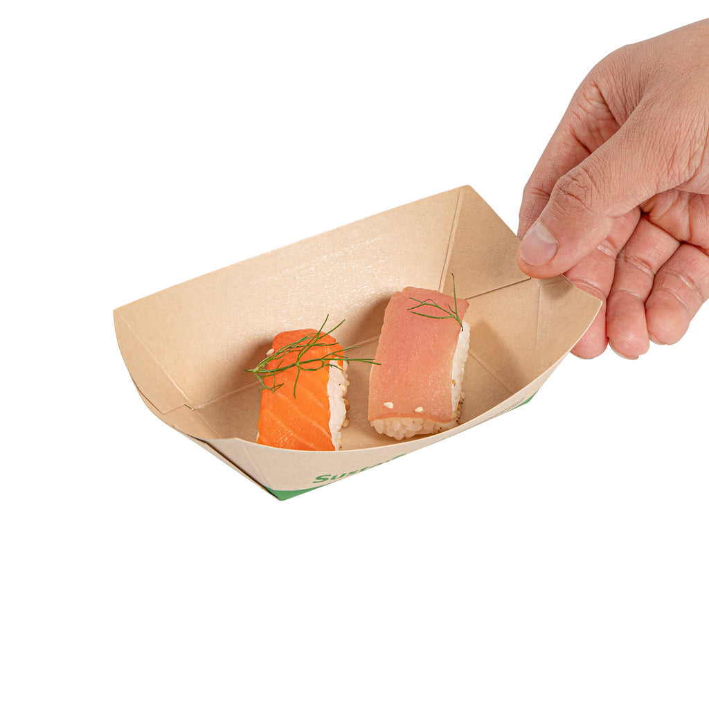 Sustain 6 oz Bamboo Paper #40 Food Tray / Boat - with PLA Lining, Compostable - 3 1/4" x 2" x 1 1/2" - 50 count box