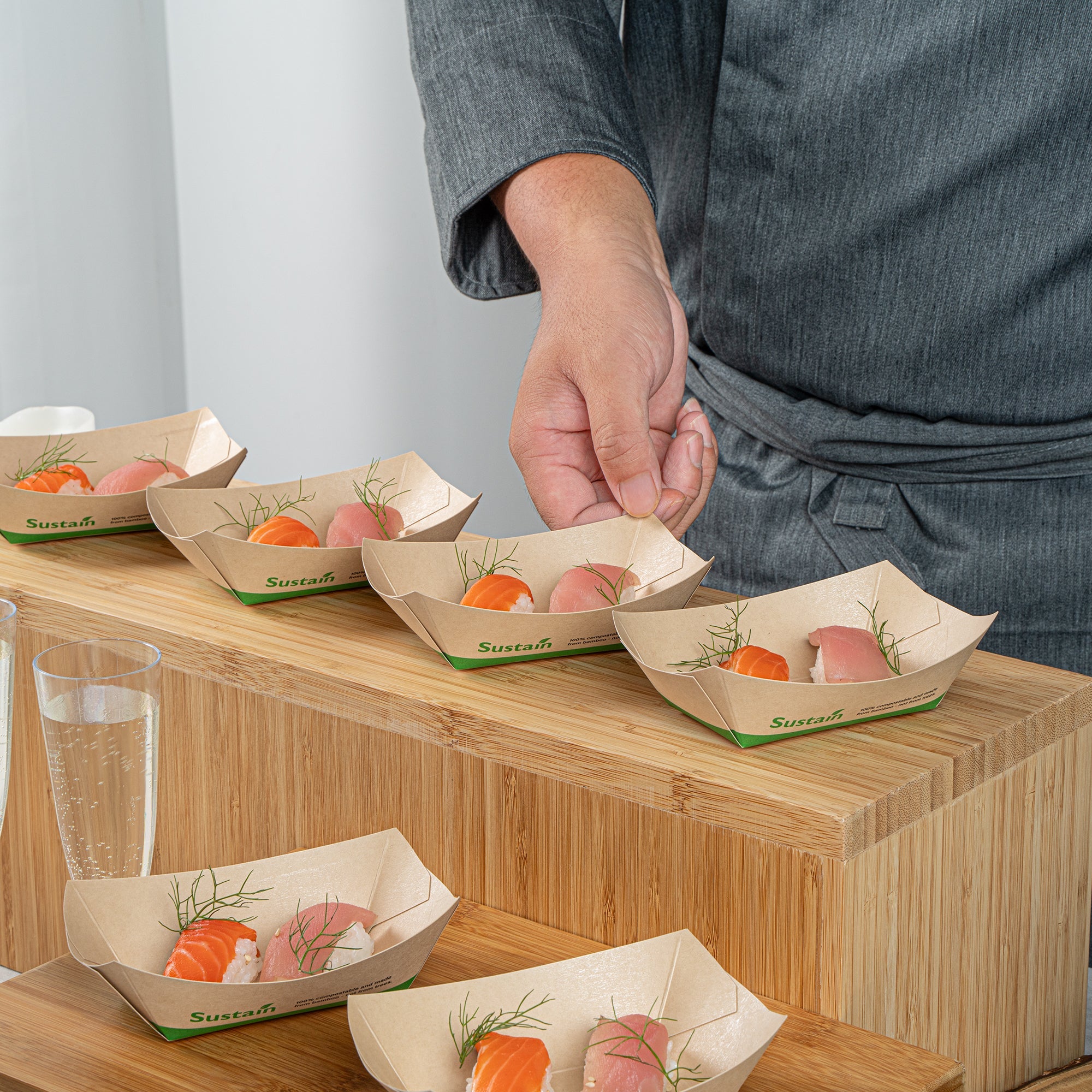 Sustain 6 oz Bamboo Paper #40 Food Tray / Boat - with PLA Lining, Compostable - 3 1/4" x 2" x 1 1/2" - 50 count box