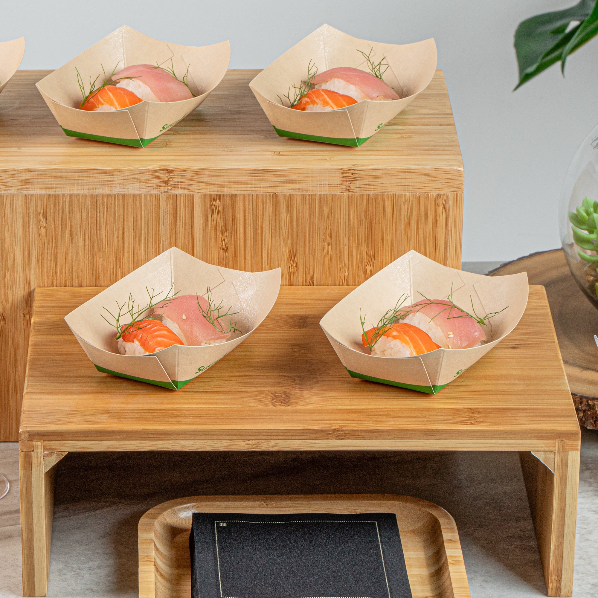Sustain 6 oz Bamboo Paper #40 Food Tray / Boat - with PLA Lining, Compostable - 3 1/4" x 2" x 1 1/2" - 50 count box