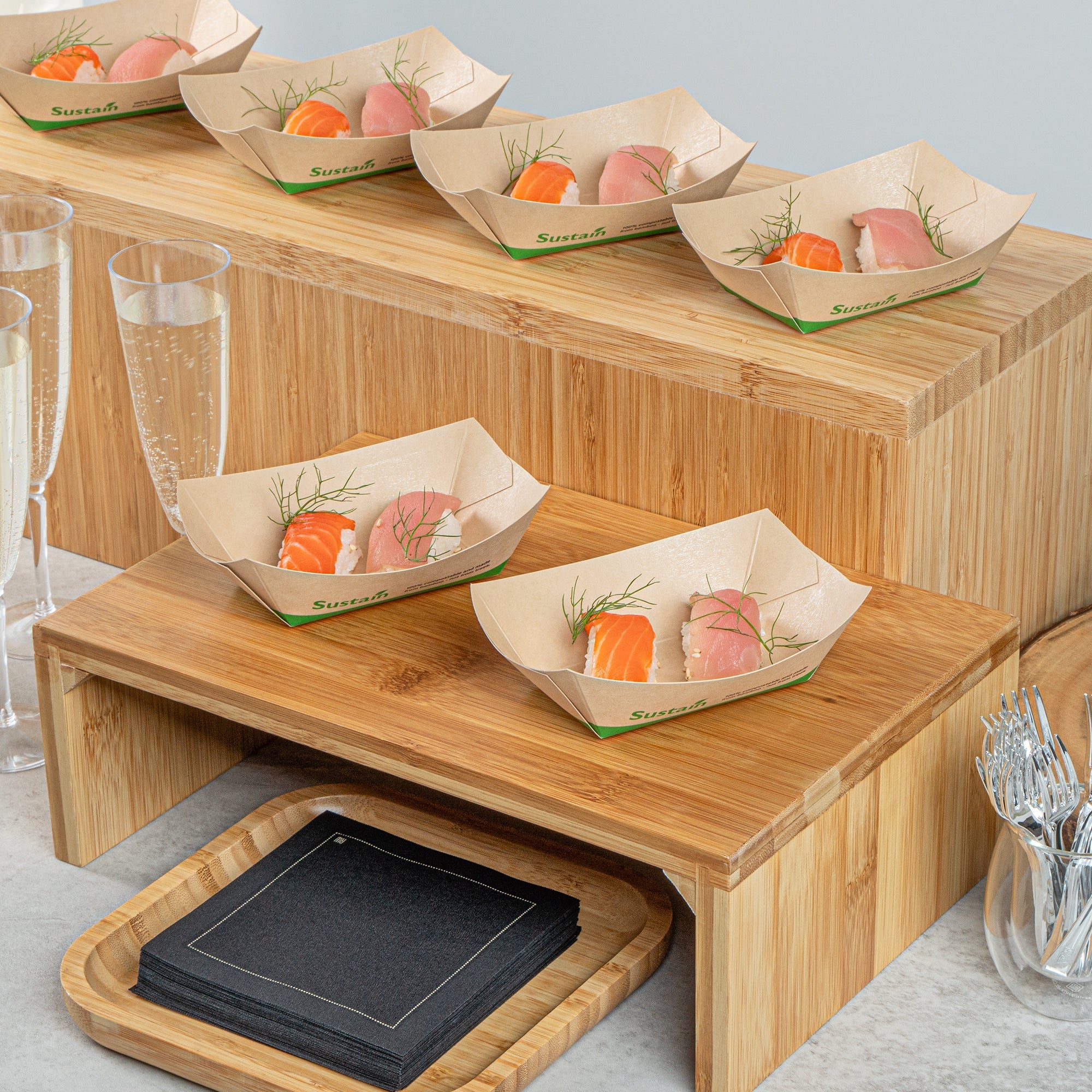 Sustain 6 oz Bamboo Paper #40 Food Tray / Boat - with PLA Lining, Compostable - 3 1/4" x 2" x 1 1/2" - 50 count box