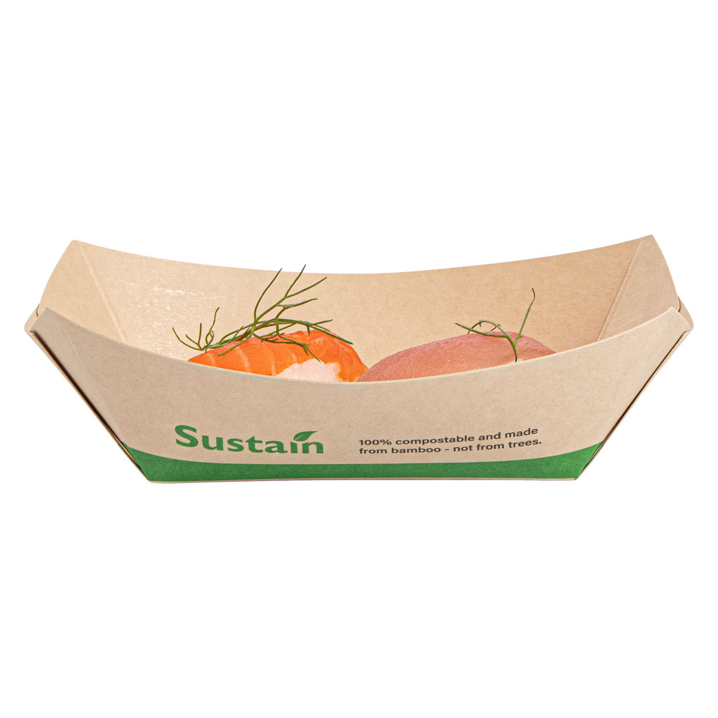 Sustain 6 oz Bamboo Paper #40 Food Tray / Boat - with PLA Lining, Compostable - 3 1/4" x 2" x 1 1/2" - 400 count box