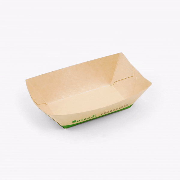 Sustain 6 oz Bamboo Paper #40 Food Tray / Boat - with PLA Lining, Compostable - 3 1/4" x 2" x 1 1/2" - 400 count box