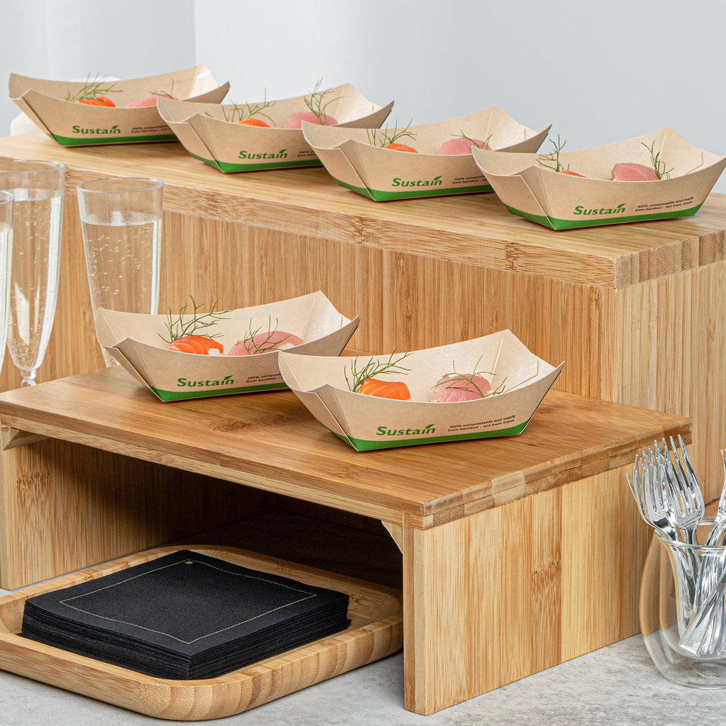 Sustain 6 oz Bamboo Paper #40 Food Tray / Boat - with PLA Lining, Compostable - 3 1/4" x 2" x 1 1/2" - 400 count box