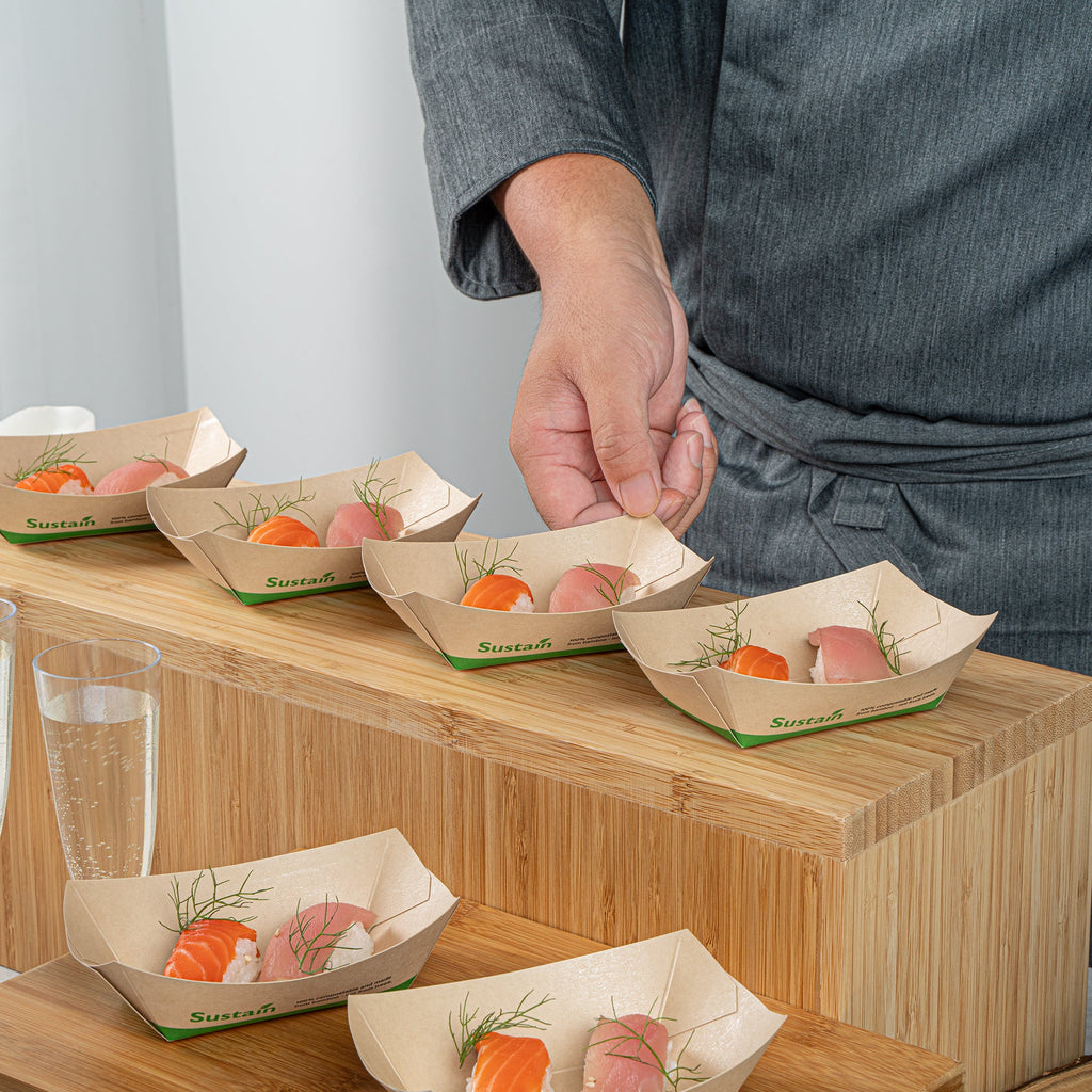 Sustain 6 oz Bamboo Paper #40 Food Tray / Boat - with PLA Lining, Compostable - 3 1/4" x 2" x 1 1/2" - 400 count box