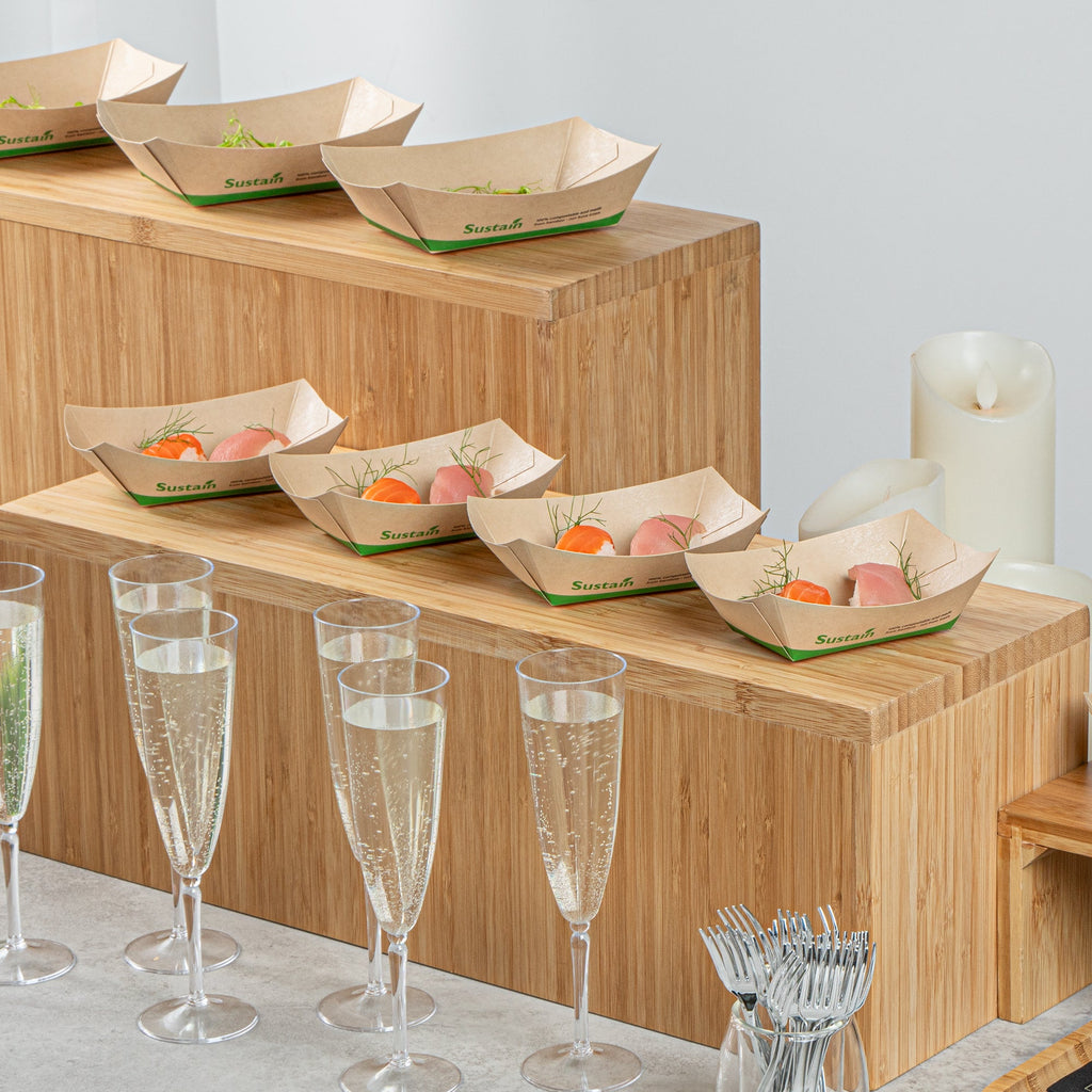 Sustain 6 oz Bamboo Paper #40 Food Tray / Boat - with PLA Lining, Compostable - 3 1/4" x 2" x 1 1/2" - 400 count box