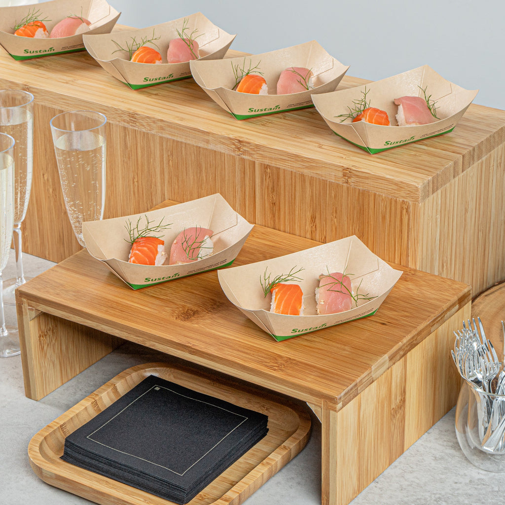 Sustain 6 oz Bamboo Paper #40 Food Tray / Boat - with PLA Lining, Compostable - 3 1/4" x 2" x 1 1/2" - 400 count box