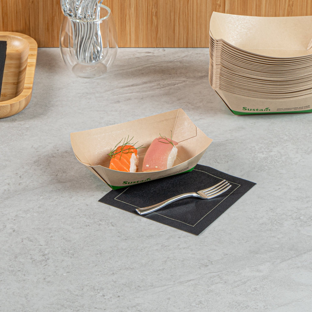 Sustain 6 oz Bamboo Paper #40 Food Tray / Boat - with PLA Lining, Compostable - 3 1/4" x 2" x 1 1/2" - 400 count box