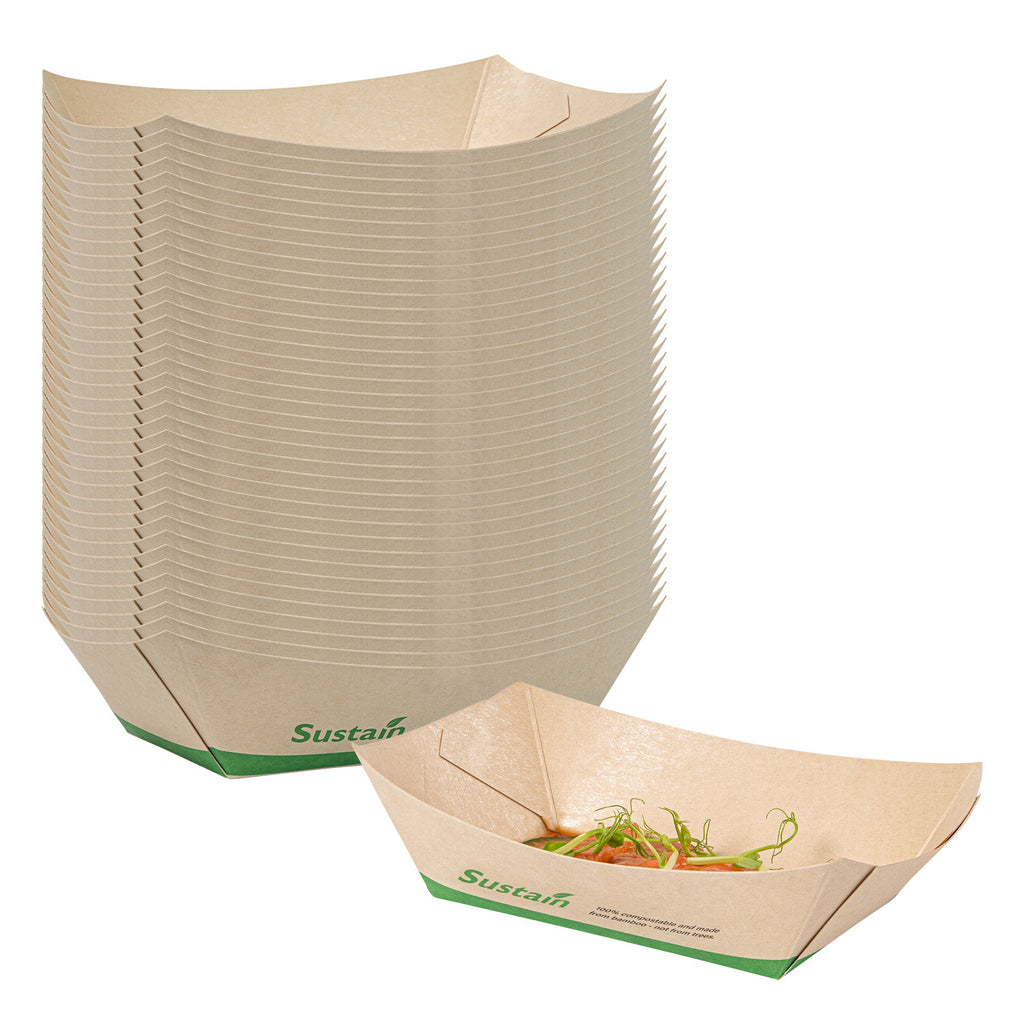 Sustain 1/2 lb Bamboo Paper #50 Food Tray / Boat - with PLA Lining, Compostable - 4 1/4" x 2 3/4" x 1 1/2" - 400 count box