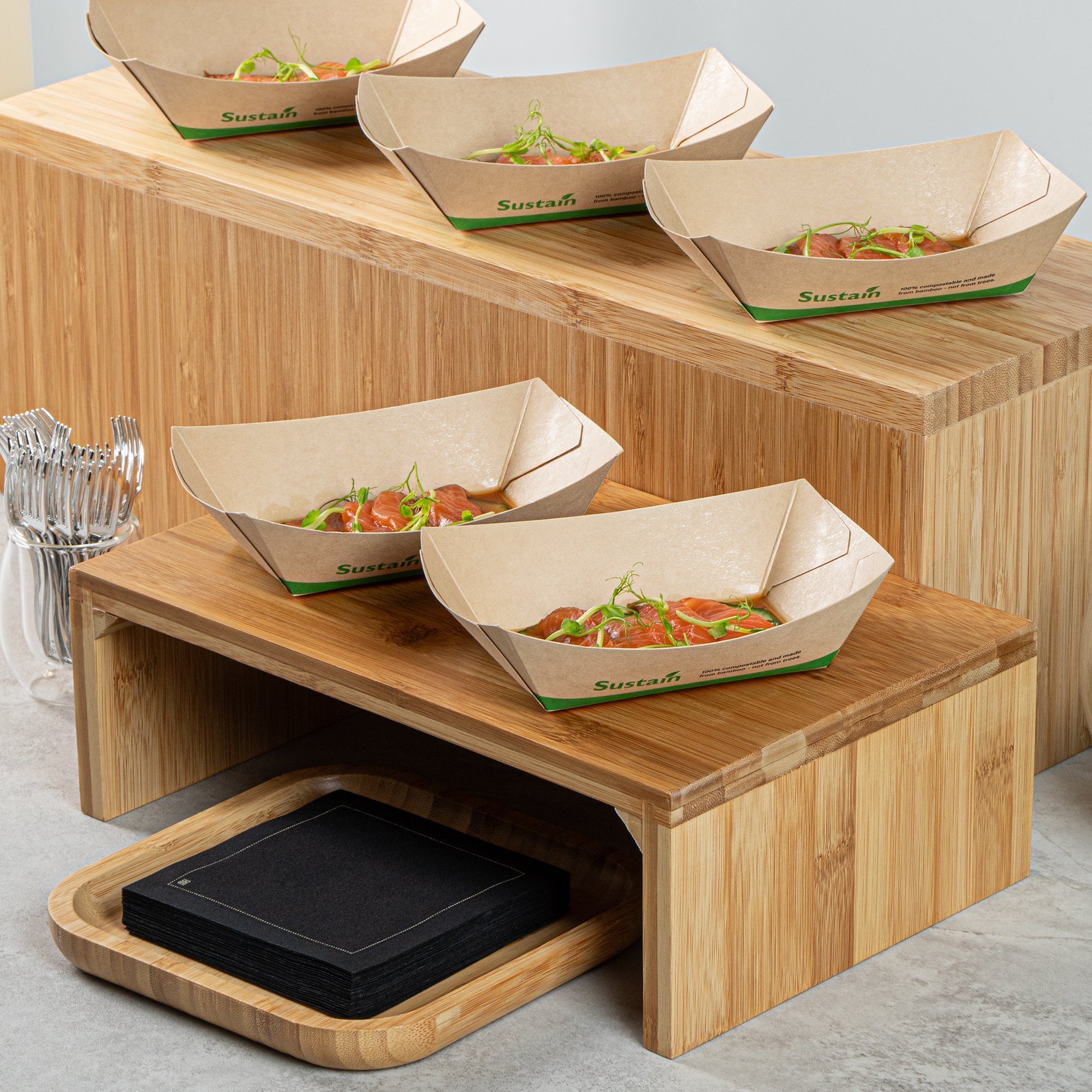 Sustain 1/2 lb Bamboo Paper #50 Food Tray / Boat - with PLA Lining, Compostable - 4 1/4" x 2 3/4" x 1 1/2" - 400 count box