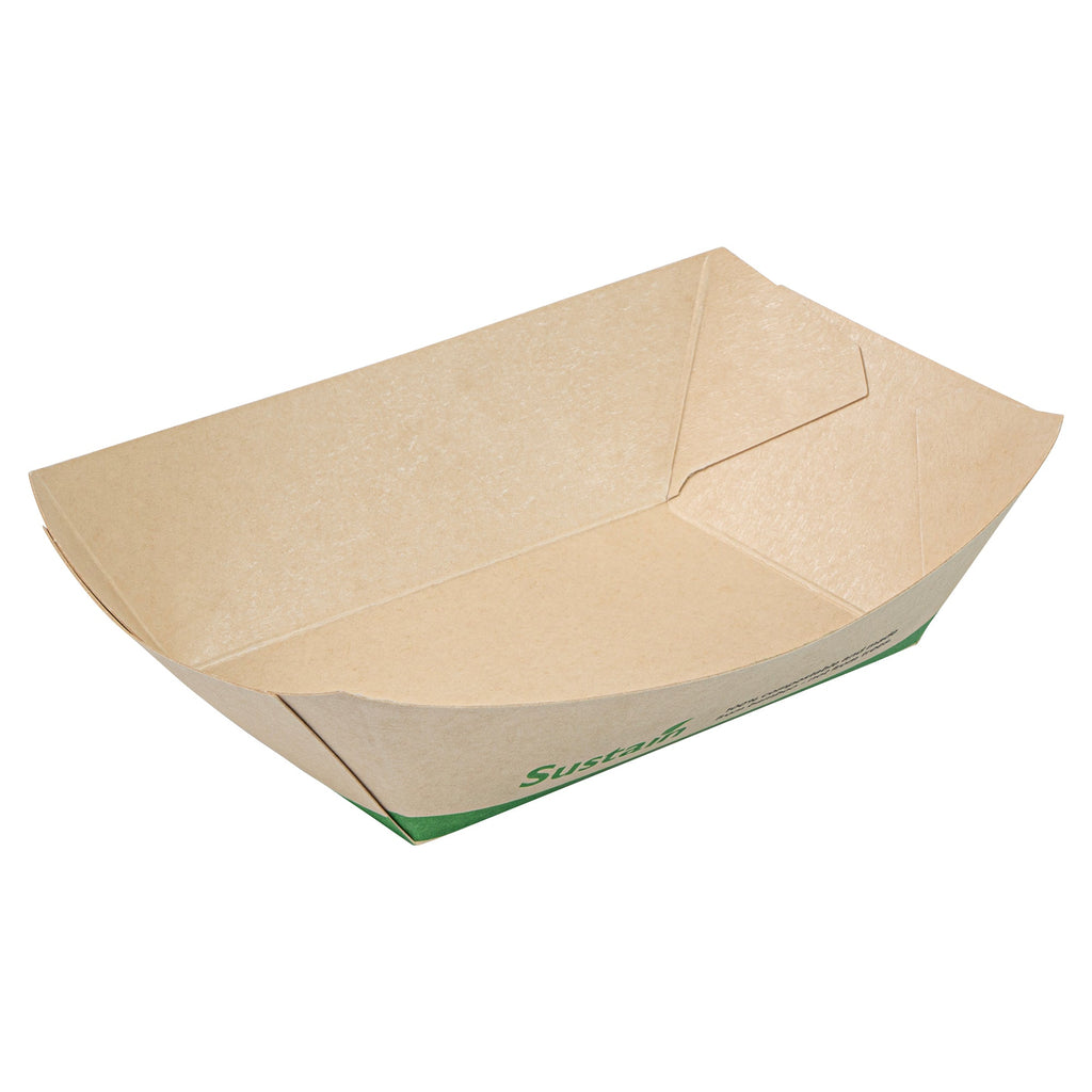 Sustain 1/2 lb Bamboo Paper #50 Food Tray / Boat - with PLA Lining, Compostable - 4 1/4" x 2 3/4" x 1 1/2" - 50 count box