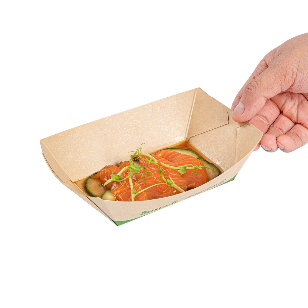 Sustain 1/2 lb Bamboo Paper #50 Food Tray / Boat - with PLA Lining, Compostable - 4 1/4" x 2 3/4" x 1 1/2" - 50 count box