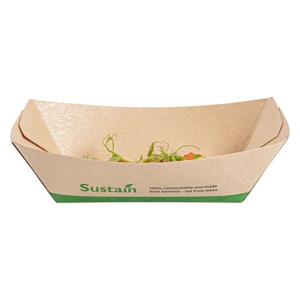 Sustain 1/2 lb Bamboo Paper #50 Food Tray / Boat - with PLA Lining, Compostable - 4 1/4" x 2 3/4" x 1 1/2" - 50 count box