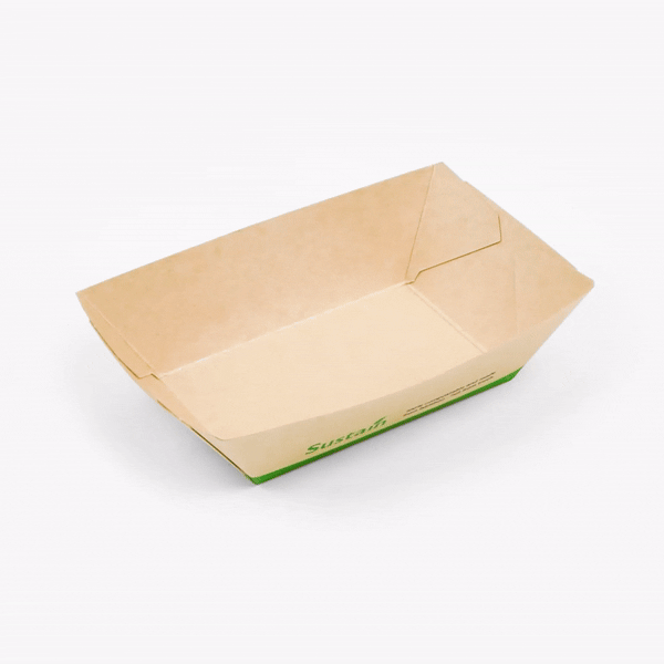 Sustain 1/2 lb Bamboo Paper #50 Food Tray / Boat - with PLA Lining, Compostable - 4 1/4" x 2 3/4" x 1 1/2" - 50 count box