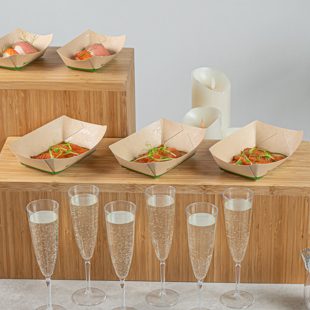 Sustain 1/2 lb Bamboo Paper #50 Food Tray / Boat - with PLA Lining, Compostable - 4 1/4" x 2 3/4" x 1 1/2" - 50 count box