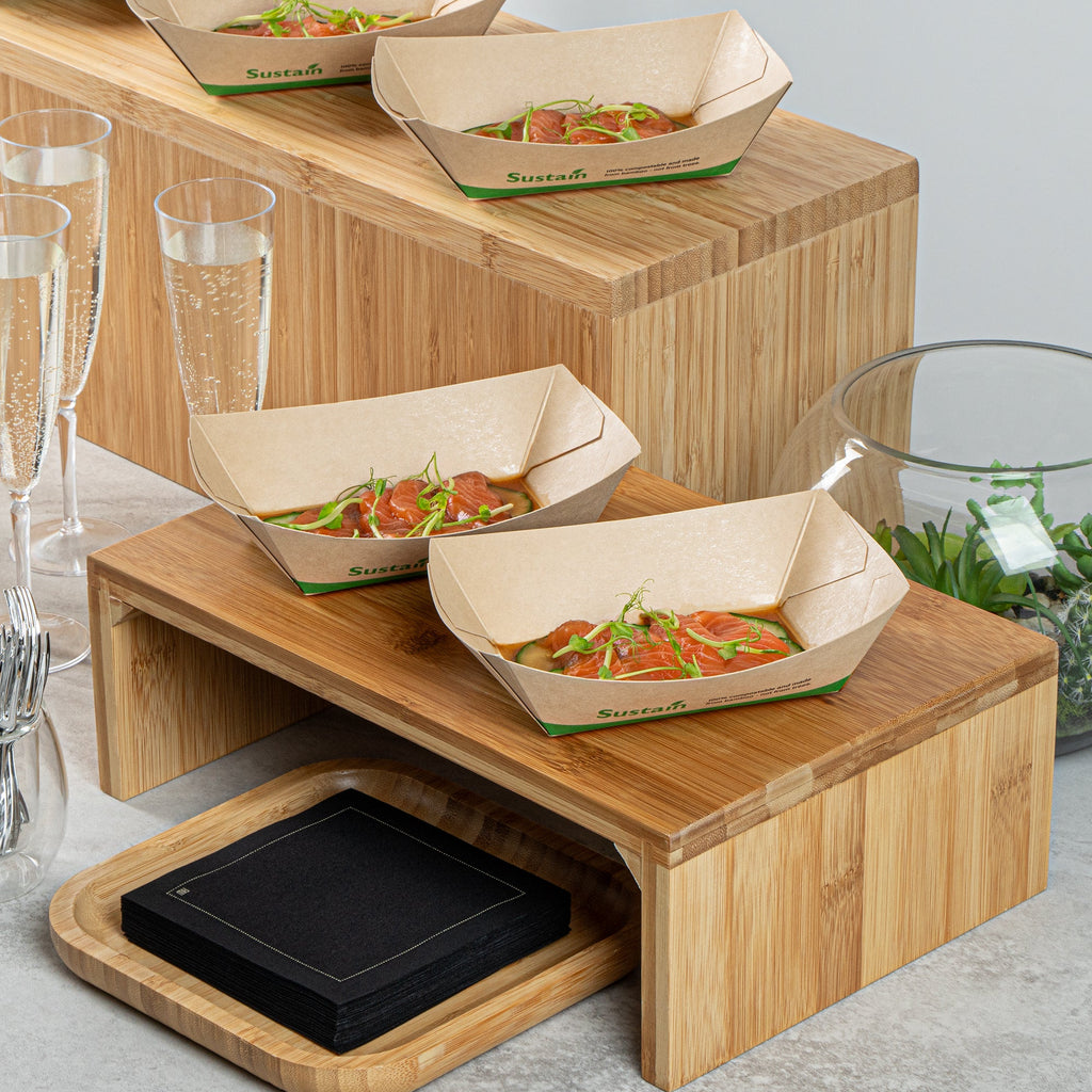 Sustain 1/2 lb Bamboo Paper #50 Food Tray / Boat - with PLA Lining, Compostable - 4 1/4" x 2 3/4" x 1 1/2" - 50 count box