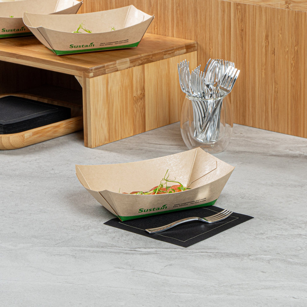 Sustain 1/2 lb Bamboo Paper #50 Food Tray / Boat - with PLA Lining, Compostable - 4 1/4" x 2 3/4" x 1 1/2" - 50 count box