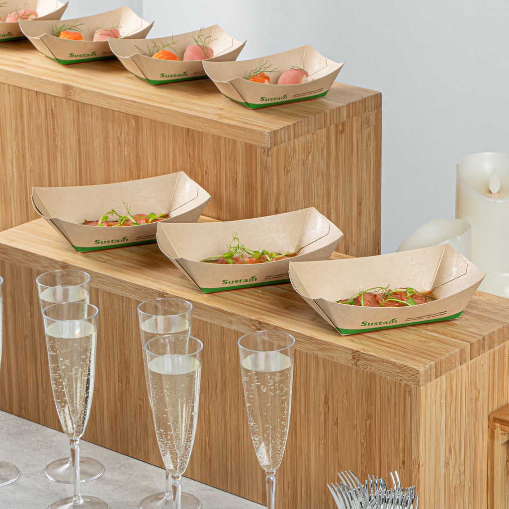 Sustain 1/2 lb Bamboo Paper #50 Food Tray / Boat - with PLA Lining, Compostable - 4 1/4" x 2 3/4" x 1 1/2" - 400 count box