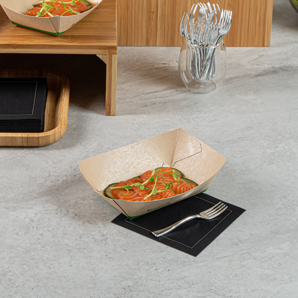 Sustain 1/2 lb Bamboo Paper #50 Food Tray / Boat - with PLA Lining, Compostable - 4 1/4" x 2 3/4" x 1 1/2" - 400 count box