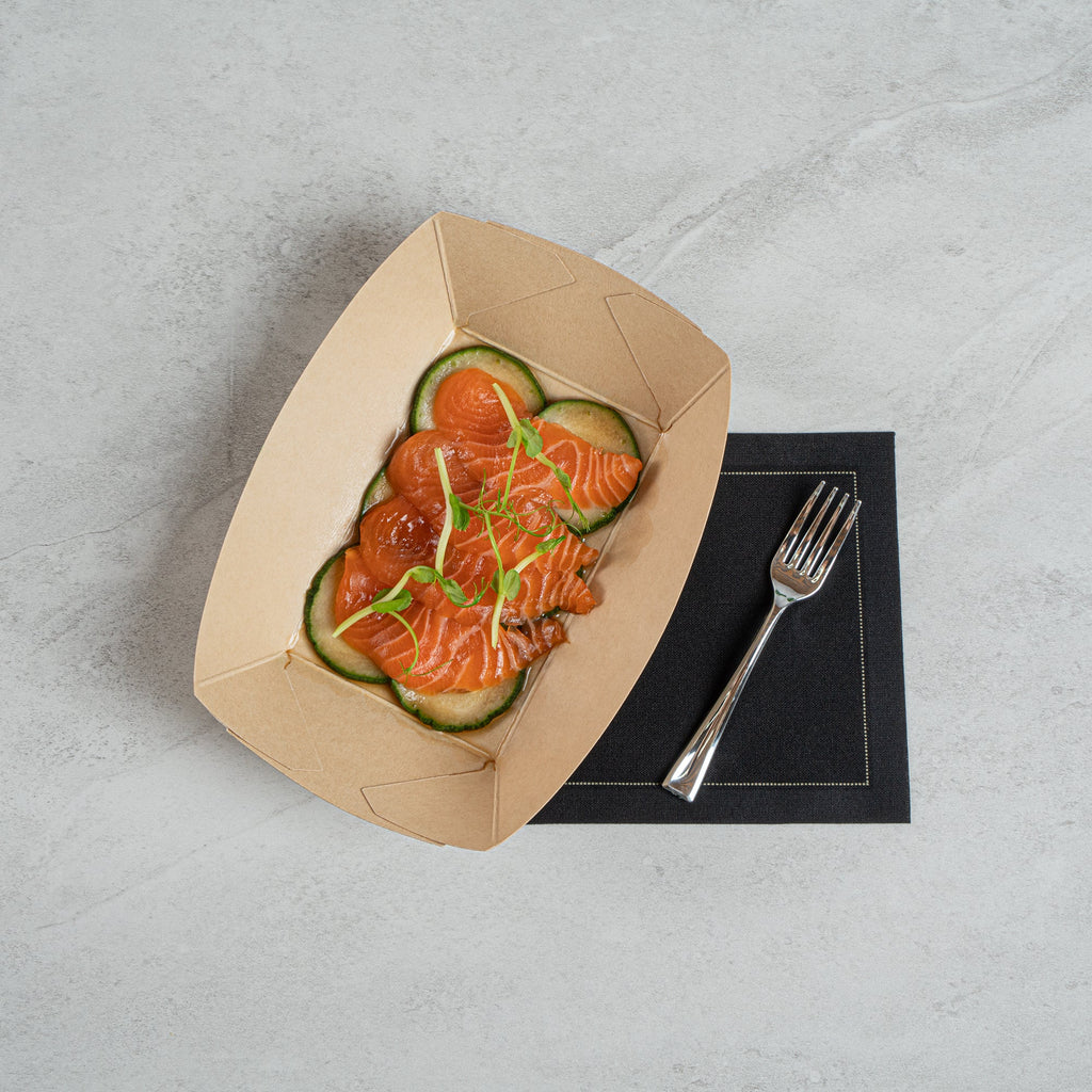 Sustain 1/2 lb Bamboo Paper #50 Food Tray / Boat - with PLA Lining, Compostable - 4 1/4" x 2 3/4" x 1 1/2" - 400 count box